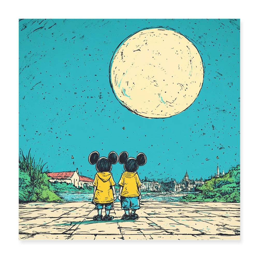 Mickey & Minnie watching the moon  - Wandbild (40x40 cm) - Weiß